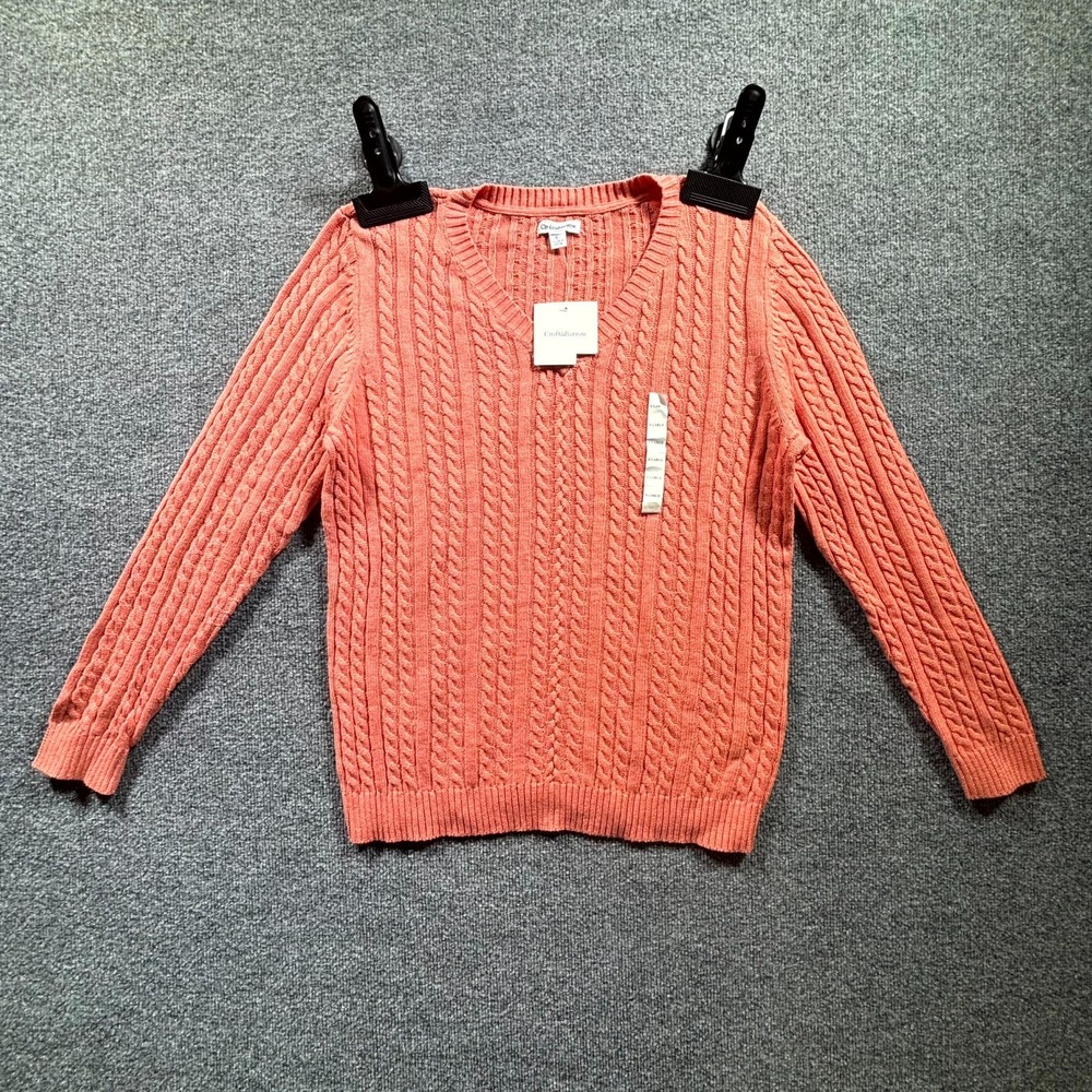 NEW Croft & Barrow Cable Knit Sweater Women's XL Coral Pink Soft Cotton V-Neck